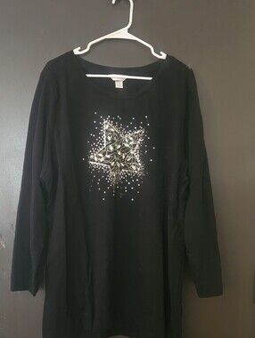 CJ Banks Black Long Sleeve Top with Star Embellishment